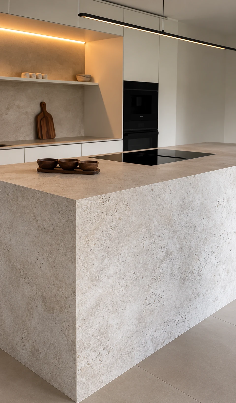 Waterfall corner of a light stone kitchen island